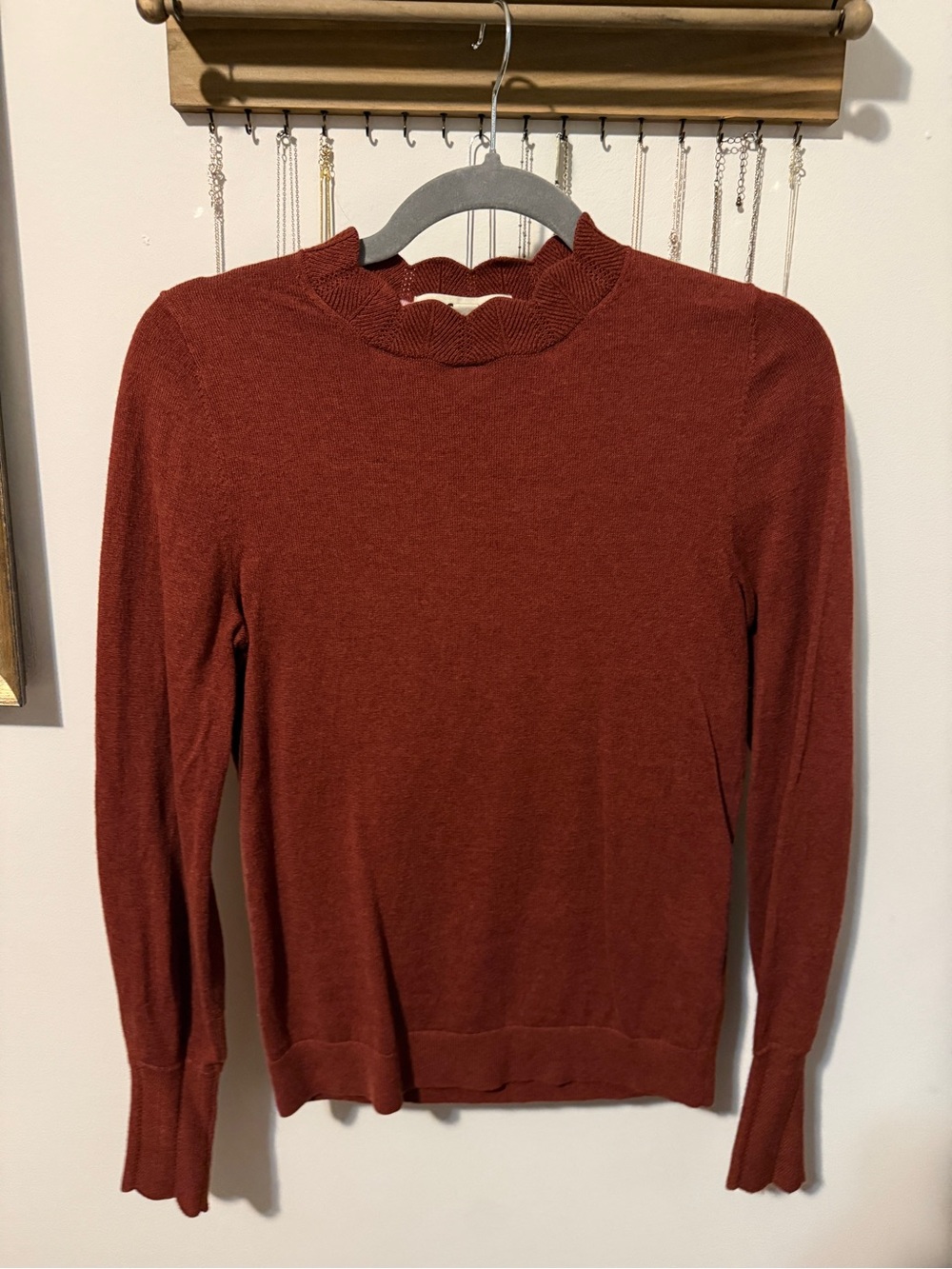 Boden Scalloped Mock Neck Sweater in Rust